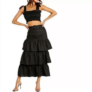 🥂Capulet Paula Tiered Belted Linen Midi Skirt Black Size Small